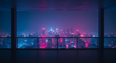 City Skyline View at Night From High Rise Balcony with Lights