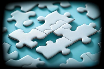 Obraz premium White puzzle pieces connect on teal surface