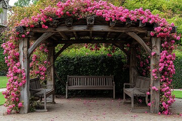 Wooden pergola covered in pink climbing roses with benches.