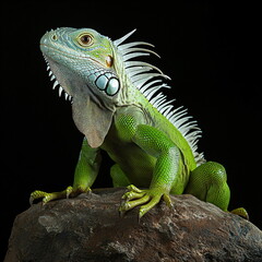 Obraz premium Zielona iguana z białymi falbankami siedząca na skale na czarnym tle