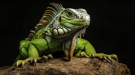 Naklejka premium A green iguana sitting on a rock against a black background