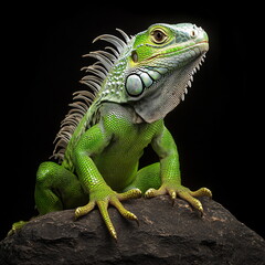 Obraz premium A green iguana with white frills sitting on a rock against a black background