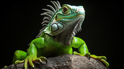 Obraz premium A green iguana with white frills sitting on a rock against a black background