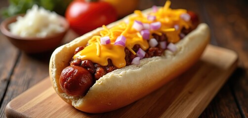 Classic chili cheese dog loaded with melted cheese and diced red onions. Hot dog with mustard on bun. Popular street food, fast food, take away meal for lunch or dinner.