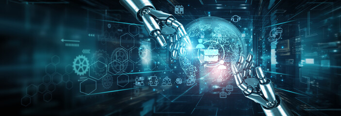 The hands of a robot touching symbolize the advanced B2B business network connection where technology drives seamless partnerships. Approach enhances efficiency, trust, and growth in B2B business.