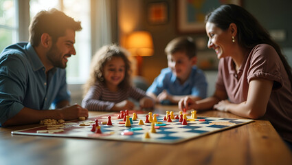 Fototapeta premium Photo Realistic Double Exposure of Family Game Night with Board Games & Snacks