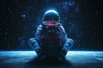 Fototapeta premium Astronaut with a school backpack ready for a space adventure in a back to school theme