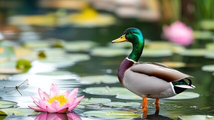 Male Mallard Duck Amidst Pink Water Lilies in a Lush Green Pond
