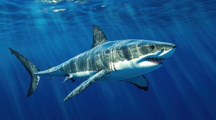 A majestic great white shark glides through sunlit ocean depths