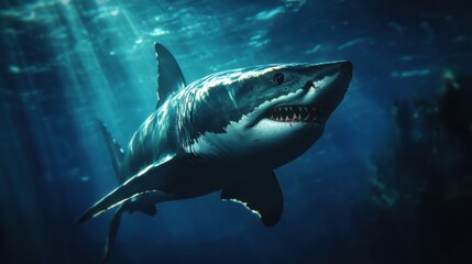 A majestic great white shark glides through the deep ocean
