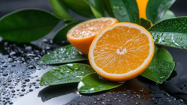 Freshly cut orange halves and green leaves, all glistening with water drops