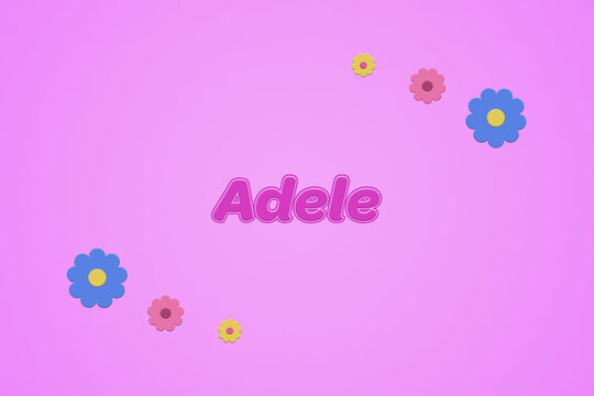 Adele female girl name illustration in pink with blossoms, flowers