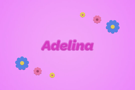 Adelina female girl name illustration in pink with blossoms, flowers