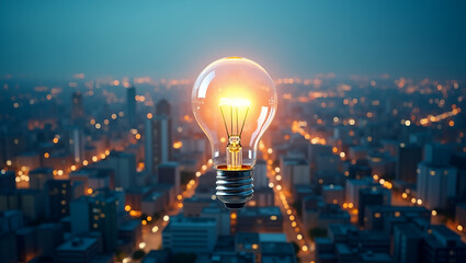 3D Flat Icon: Cityscape Top View with Light Bulb Overlay for Urban Innovation - Copy Space