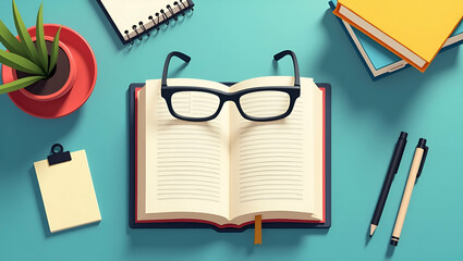 3d Flat icon as Overhead view of a workspace with a book and reading glasses symbolizing study and focus in double exposure with copy space. concept as An overhead view of a workspace intertwined with