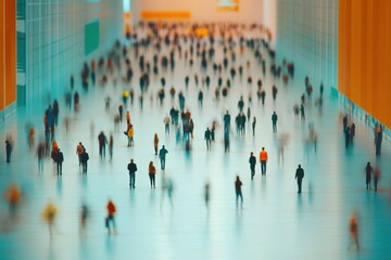 Concept image of a busy convention center with blurred attendees for international exhibition and marketing.