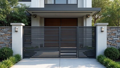 Modern sliding gate aluminum slatted panels closing residential building entrance. Contemporary home exterior design, provides security privacy. Stylish new driveway, architecture details.