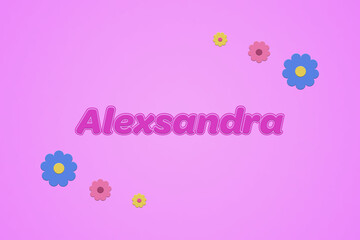 Alexsandra female girl name illustration in pink with blossoms, flowers