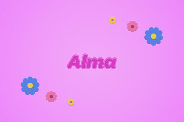 Alma female girl name illustration in pink with blossoms, flowers