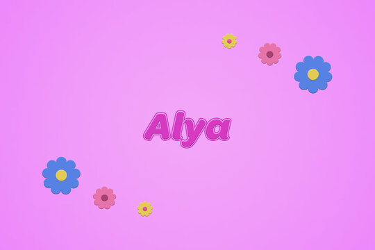 Alya female girl name illustration in pink with blossoms, flowers