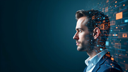 3d Flat icon as Overhead view of a leadership figure with digital grid and tech devices overlay symbolizing technological innovation in leadership in double exposure with copy space. concept as An ove