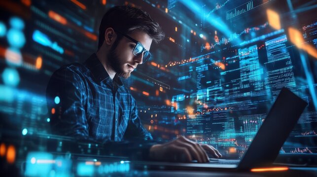 Cybersecurity Expert Coding, Digital Data Stream, Programmer at Work, Futuristic Technology Illustration - Powered by Adobe