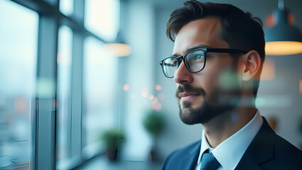 Fototapeta premium Manager Double Exposure: Merging Leadership with Office Environment for Corporate Ads