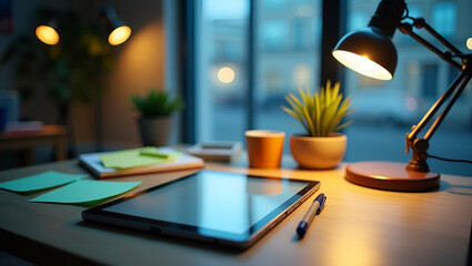 Flat Lay of Desk Lamp, Sticky Notes, and Tablet: A Creative Study Tools Concept for Productivity with Ample Copy Space in Photo Stock