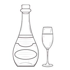 Vector Illustration of a fancy bottle and a glass. Hand drawn outlined corcked liquor bottleand a flute glass filled with beverage