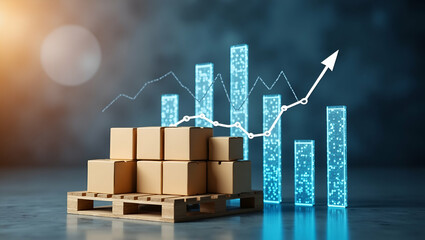 Photo Realistic Double Exposure of a Pallet and Cost Saving Graph: Symbolizing Inventory Cost Control and Financial Planning with Ample Copy Space for Customization