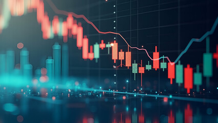 Photo Realistic Flat Illustration: Bear Market Trends with Double Exposure of Candlestick Charts
