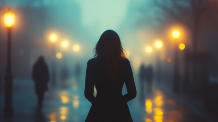 Lonely woman walking in a foggy old city in city street lights
