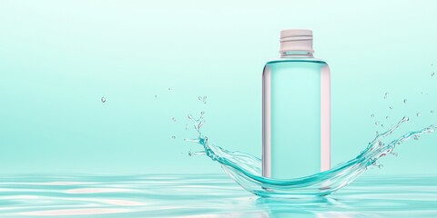 Transparent Bottle in Teal Water Splash on Aqua Background