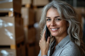 Close up shot of smiling mature 45s woman using smartphone working in warehouse, make call to delivery services, reliable transporting company on relocation day, stacked cardboard boxes on