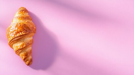 Golden croissant on a pink surface, lit by sun, casting shadows