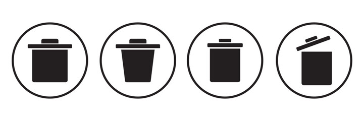 trash can icon in black and white in round circle, Trash garbage can, bin waste vector, Suitable for Web Sites, Books, Cards, Apps.