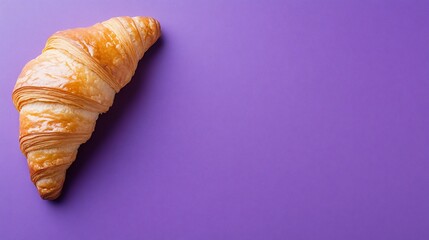 Golden croissant resting against a plain, vibrant purple background
