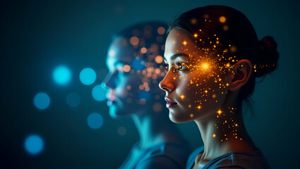 Photo Realistic Double Exposure of Person with Smart Lighting Control & Tech Symbols for Intelligent Management