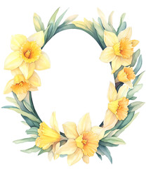 Watercolor Easter daffodils flower frame in egg shape on transparent background. Space for text. PNG