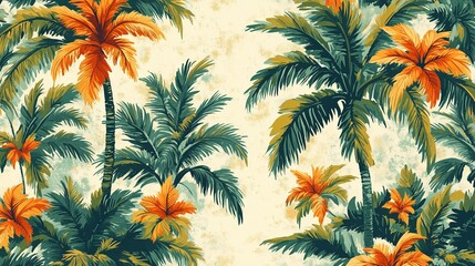 Fototapeta premium Tropical vintage palm pattern with bright orange accents on retro wallpaper texture