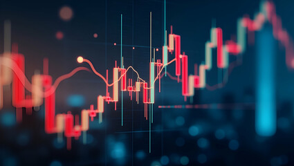 Fototapeta premium 3D Double Exposure of Candlestick Chart & Stock Market Indicators Over City Background