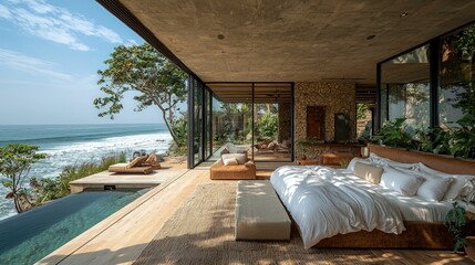 Fototapeta premium Oceanfront bedroom, luxurious design, tranquil vibes.