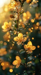 Golden flowers glistening, sunlit, dewy petals