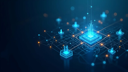 Fototapeta premium 3D Flat Icon: Overhead View of a Tech Environment with Digital Connectivity Symbols - Double Exposure Concept for Business Innovation and Operations