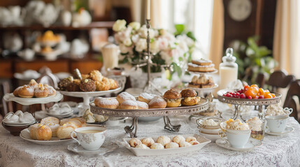 Elegant Tea Table Setting With Desserts
