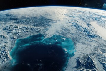 A vibrant image of Earth from a satellite, highlighting the contrast between the blue seas, green lands, and the polar ice caps against the vast backdrop