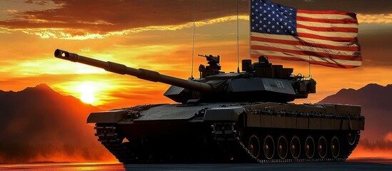 An iconic American military tank is displayed outdoors during a picturesque sunset.