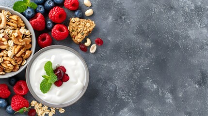 Bowl of yogurt with granola, raspberries, blueberries, walnuts, and muesli bar on grey stone background. Flat lay composition with copy space. Healthy breakfast and snack concept. Design for banner