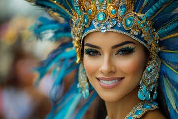 Young beautiful woman portrait in costume at street Carnival. Brazilian culture