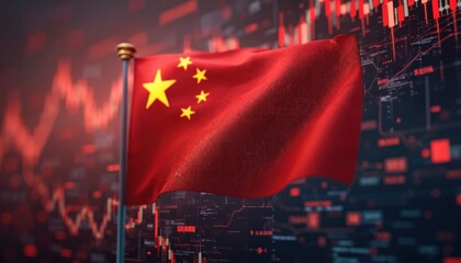 China flag waves front of stock market data chart. Digital finance, global economy concept. Red financial business graph, investment trading. Economic crisis, financial collapse. Digital finance.